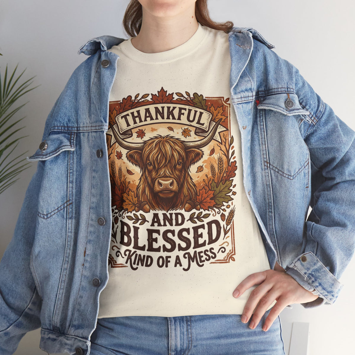 Thankful and Blessed Tee — Rustic Autumn Cow Graphic Shirt