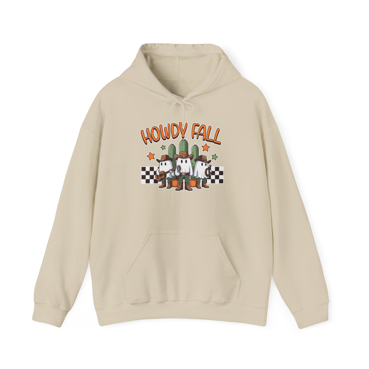 Howdy Fall Hoodie — Cute Pumpkin Ghosts & Checkerboard Autumn Pullover