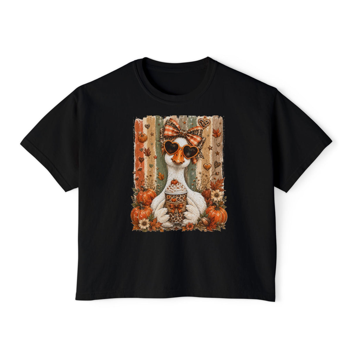 Fall Goose Boxy Tee — Cute Pumpkin Latte Graphic Women's Shirt