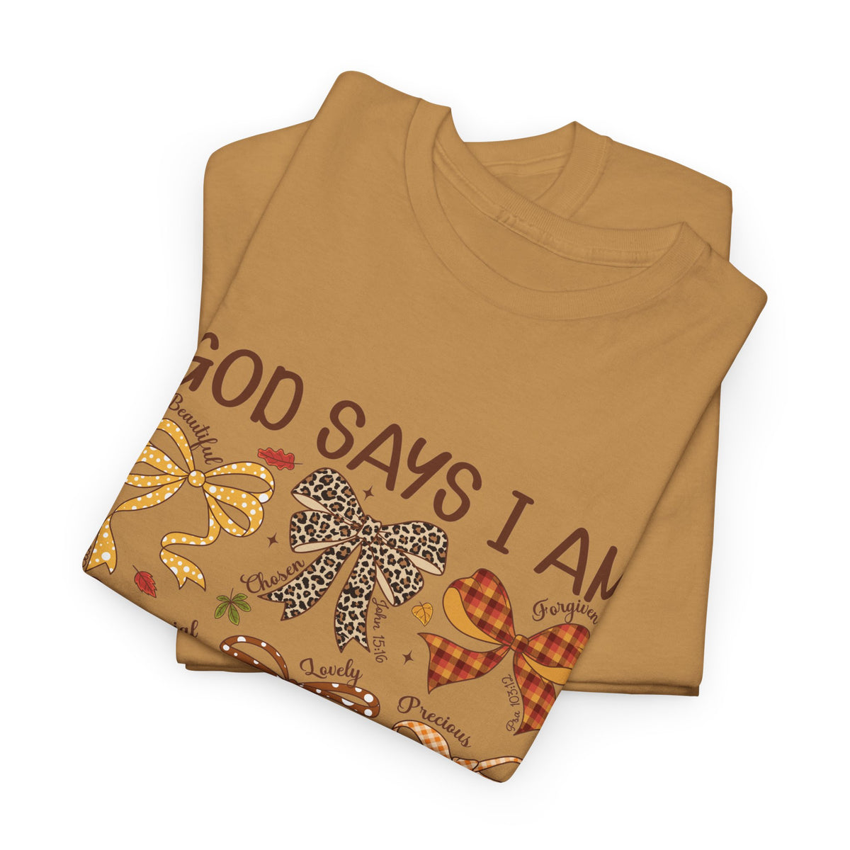 God Says I Am Bow Pattern T-Shirt — Faith-Inspired Fall Graphic Tee