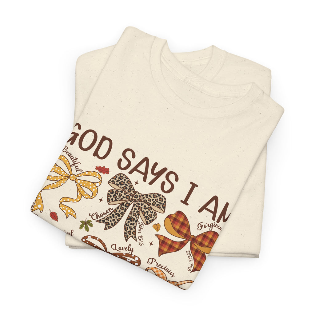 God Says I Am Bow Pattern T-Shirt — Faith-Inspired Fall Graphic Tee