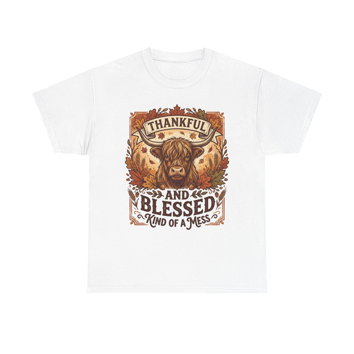 Thankful and Blessed Tee — Rustic Autumn Cow Graphic Shirt