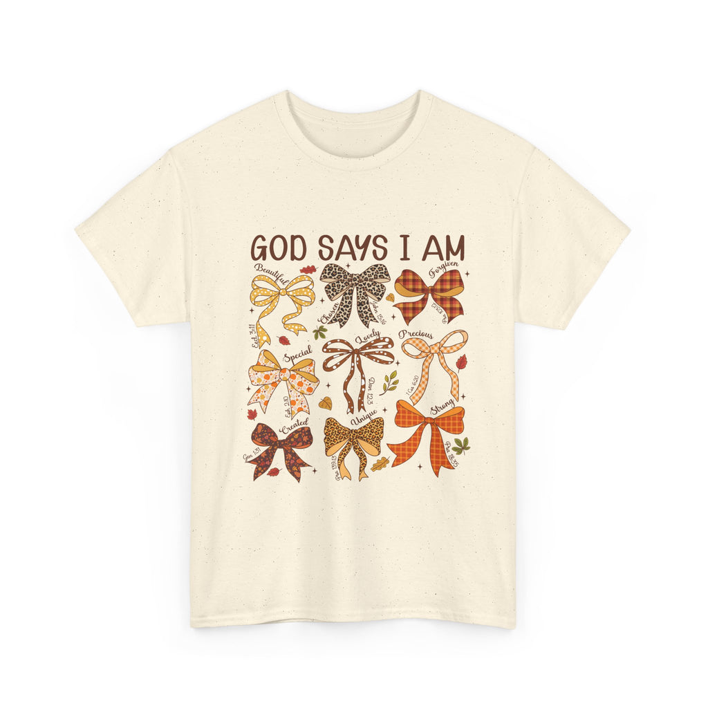 God Says I Am Bow Pattern T-Shirt — Faith-Inspired Fall Graphic Tee
