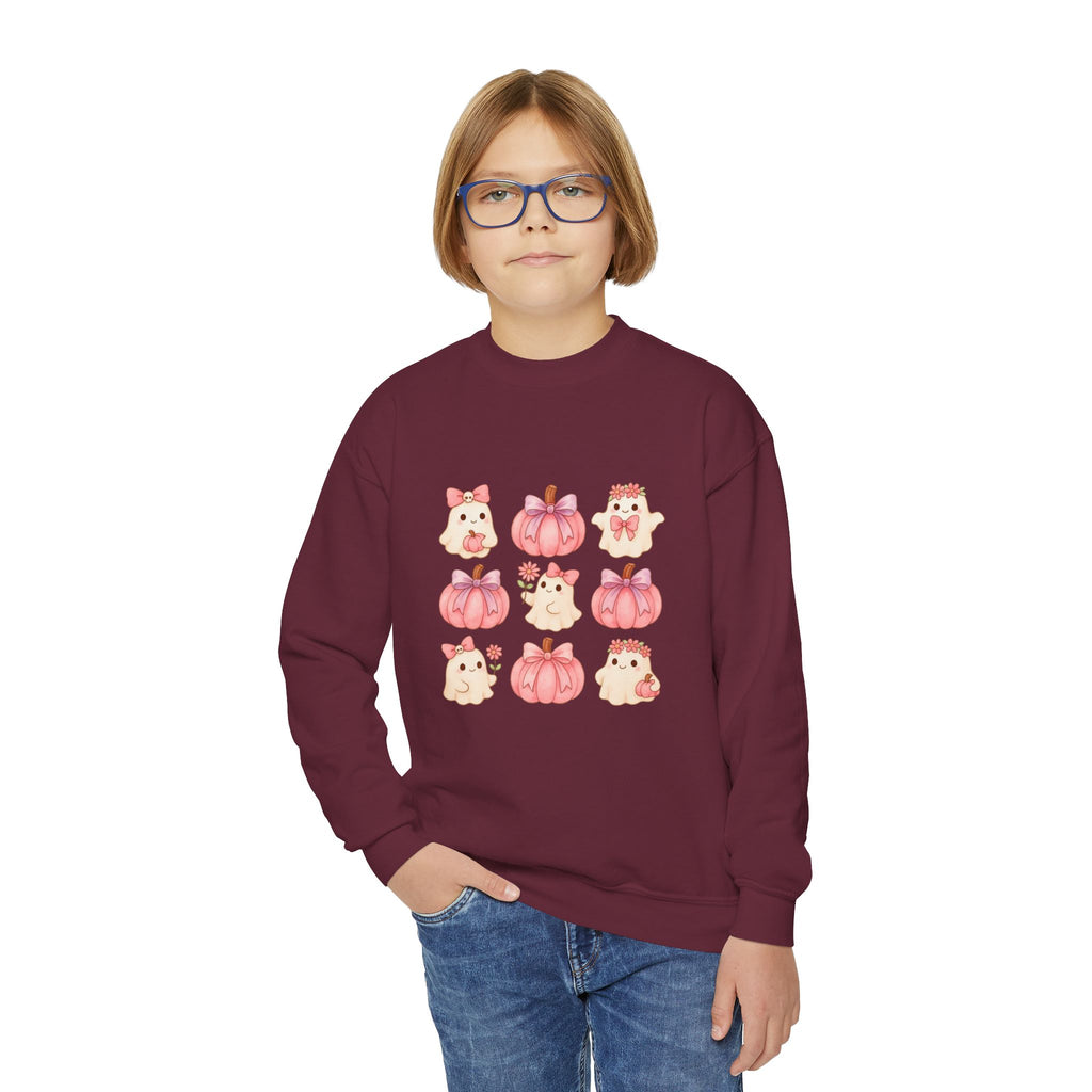 Kids' Cute Pink Pumpkins & Ghost Crewneck Sweatshirt — Fall Halloween Cozy Pullover