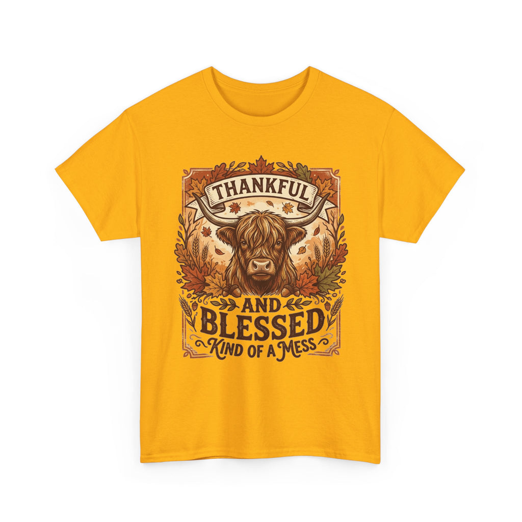 Thankful and Blessed Tee — Rustic Autumn Cow Graphic Shirt