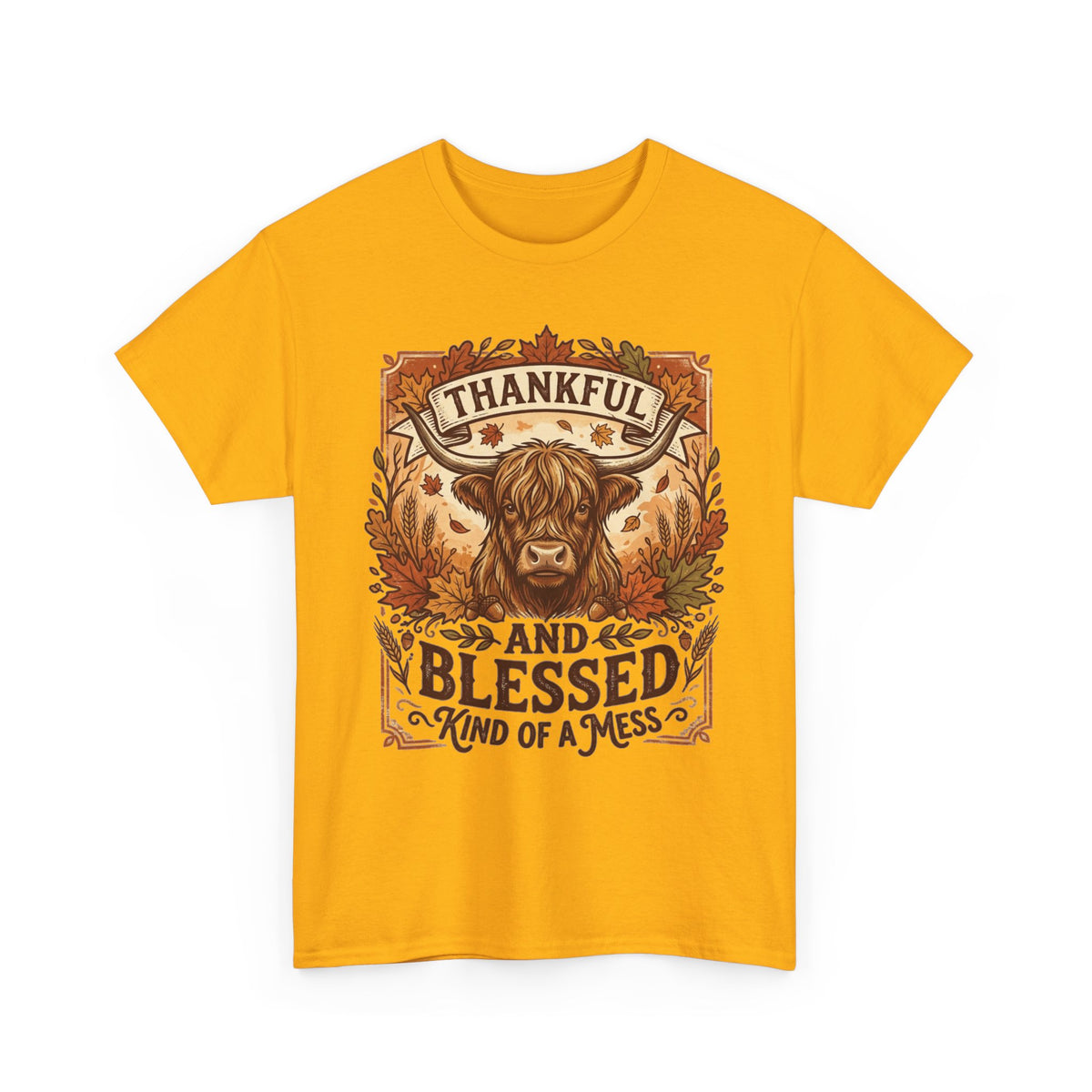 Thankful and Blessed Tee — Rustic Autumn Cow Graphic Shirt