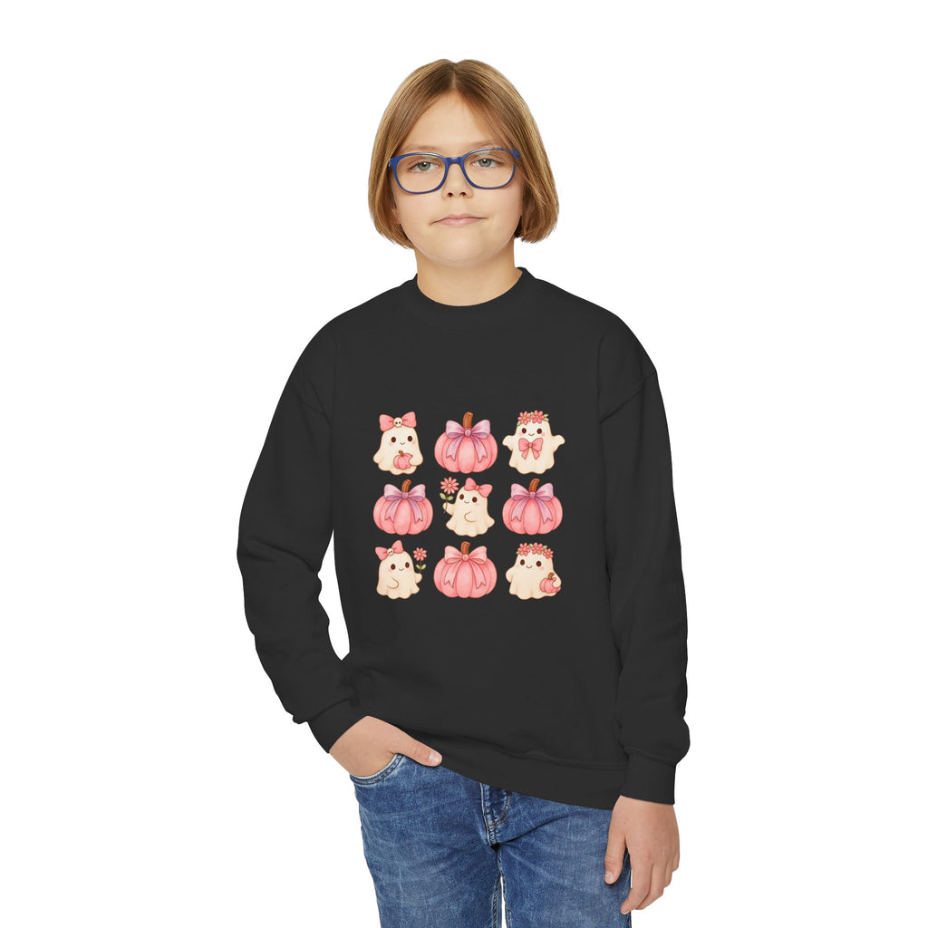 Kids' Cute Pink Pumpkins & Ghost Crewneck Sweatshirt — Fall Halloween Cozy Pullover