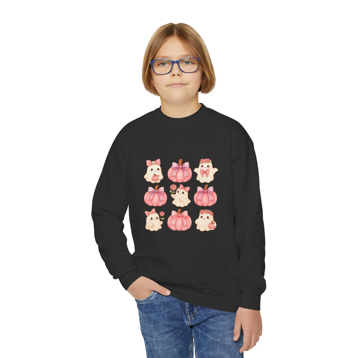Kids' Cute Pink Pumpkins & Ghost Crewneck Sweatshirt — Fall Halloween Cozy Pullover