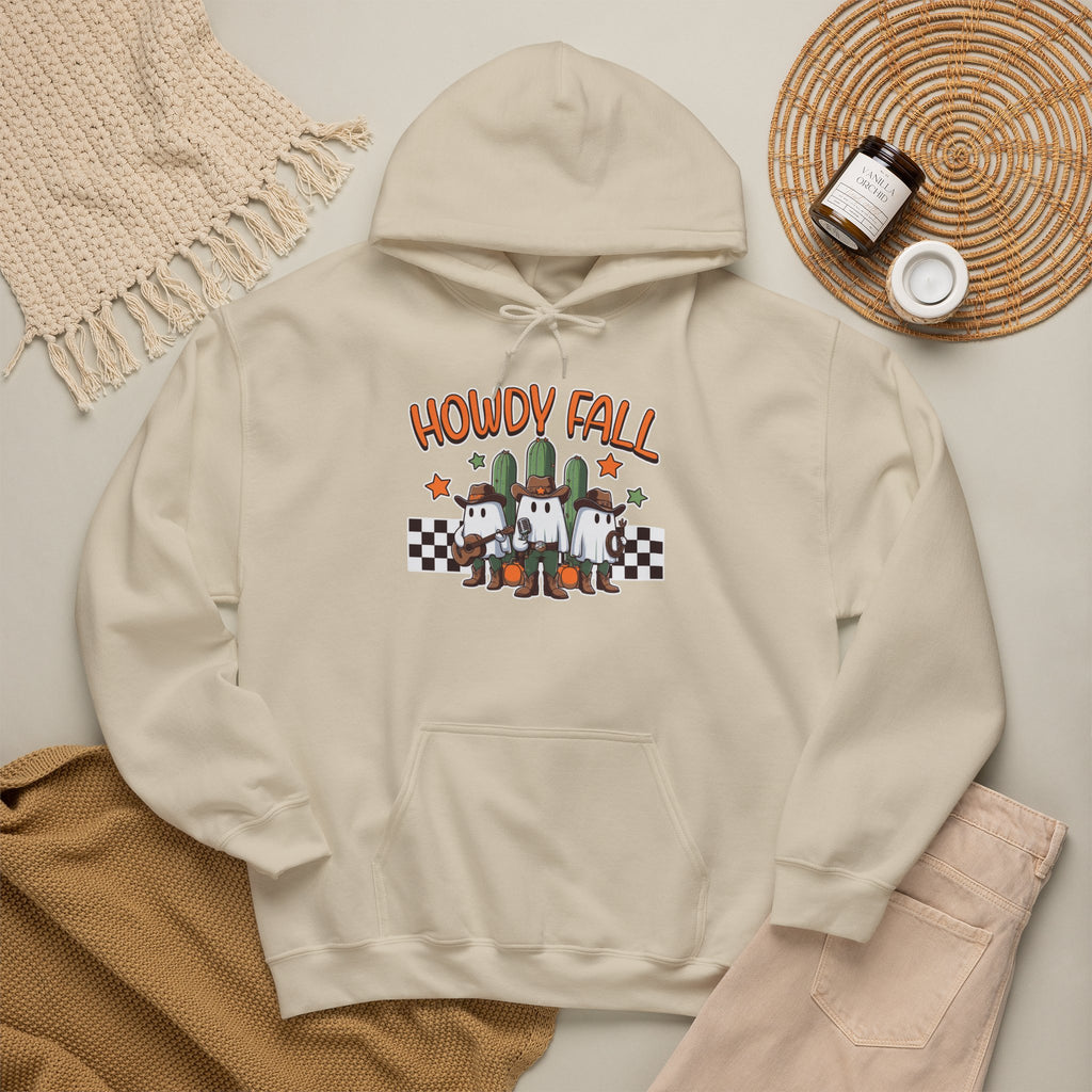 Howdy Fall Hoodie — Cute Pumpkin Ghosts & Checkerboard Autumn Pullover