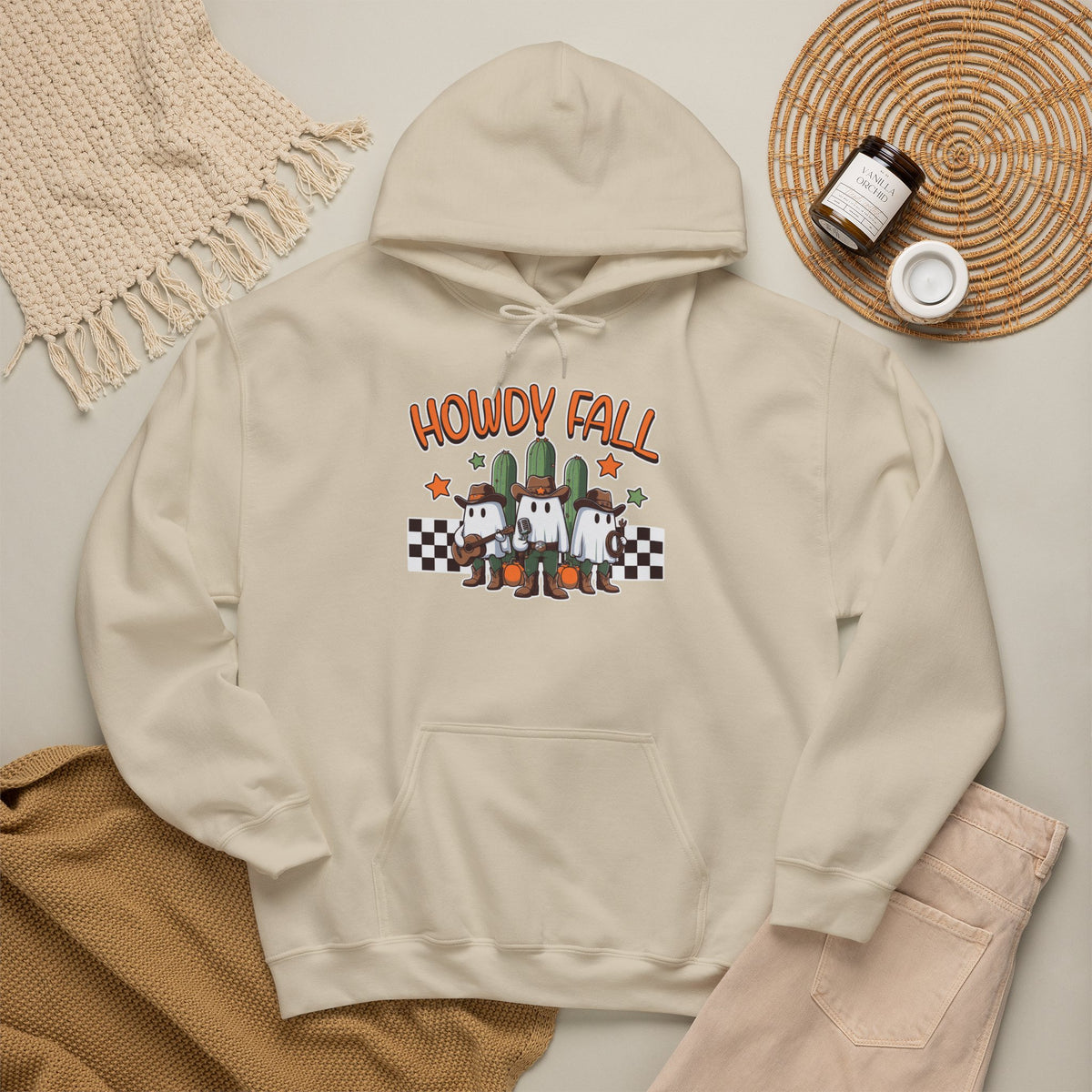 Howdy Fall Hoodie — Cute Pumpkin Ghosts & Checkerboard Autumn Pullover