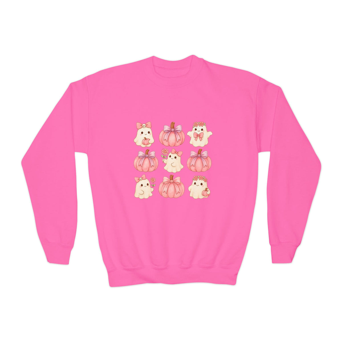 Kids' Cute Pink Pumpkins & Ghost Crewneck Sweatshirt — Fall Halloween Cozy Pullover