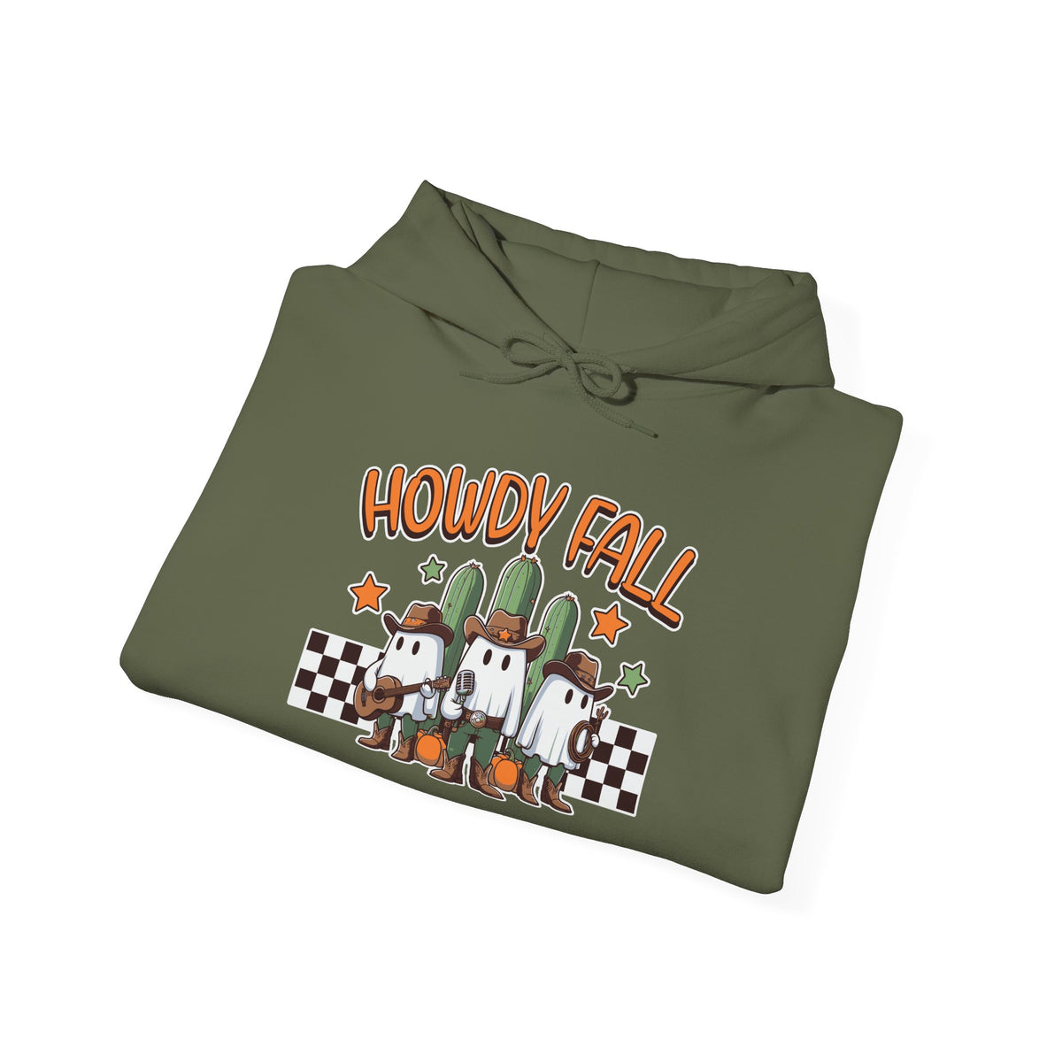Howdy Fall Hoodie — Cute Pumpkin Ghosts & Checkerboard Autumn Pullover