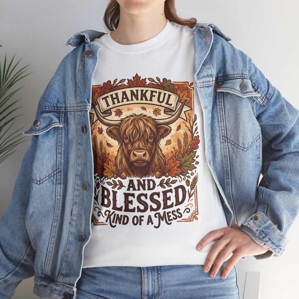 Thankful and Blessed Tee — Rustic Autumn Cow Graphic Shirt