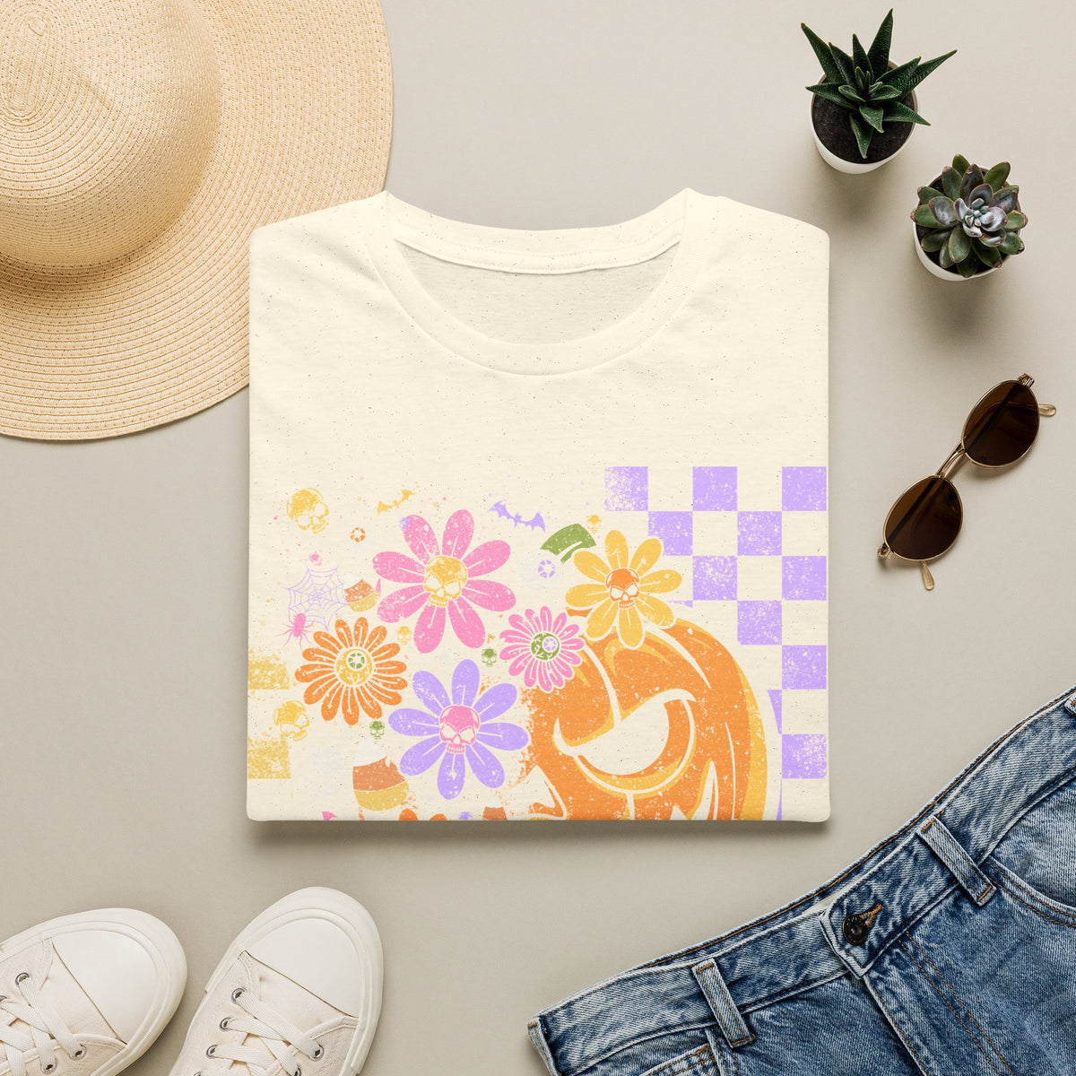 Pumpkin Smile Floral T-Shirt — Pastel Halloween Checkerboard Tee