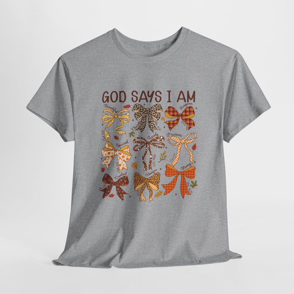 God Says I Am Bow Pattern T-Shirt — Faith-Inspired Fall Graphic Tee