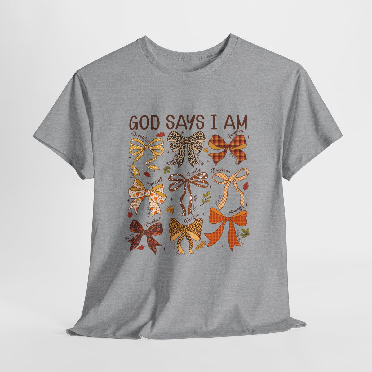 God Says I Am Bow Pattern T-Shirt — Faith-Inspired Fall Graphic Tee
