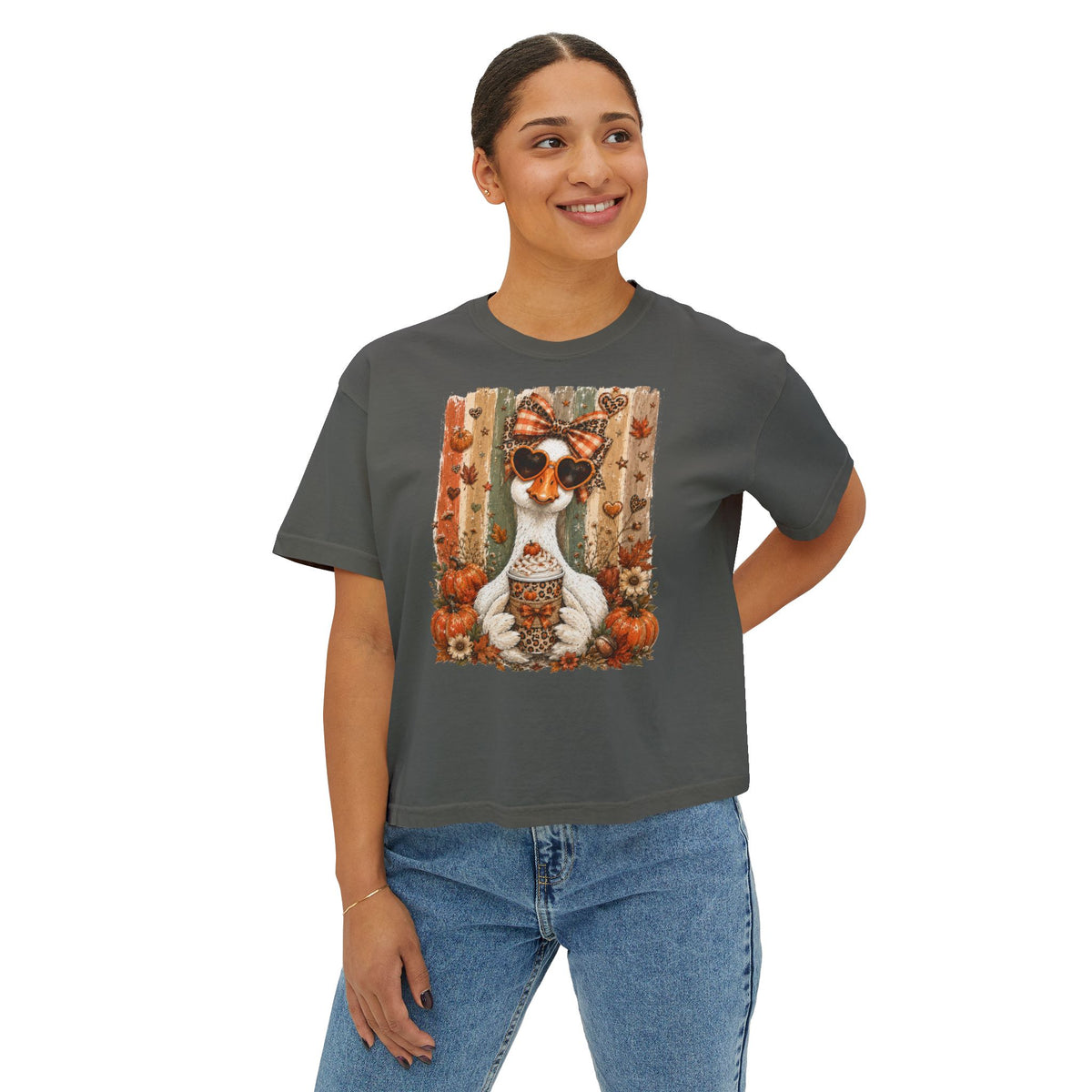 Fall Goose Boxy Tee — Cute Pumpkin Latte Graphic Women's Shirt