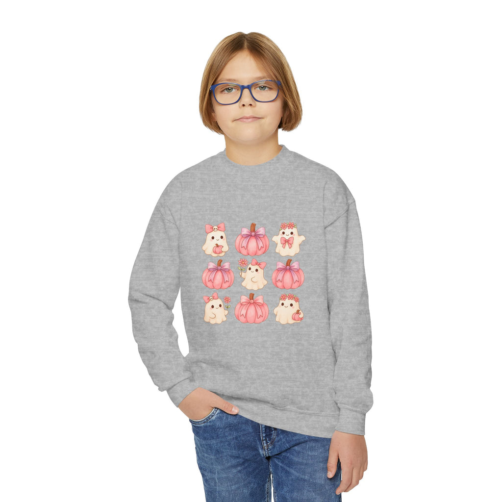 Kids' Cute Pink Pumpkins & Ghost Crewneck Sweatshirt — Fall Halloween Cozy Pullover