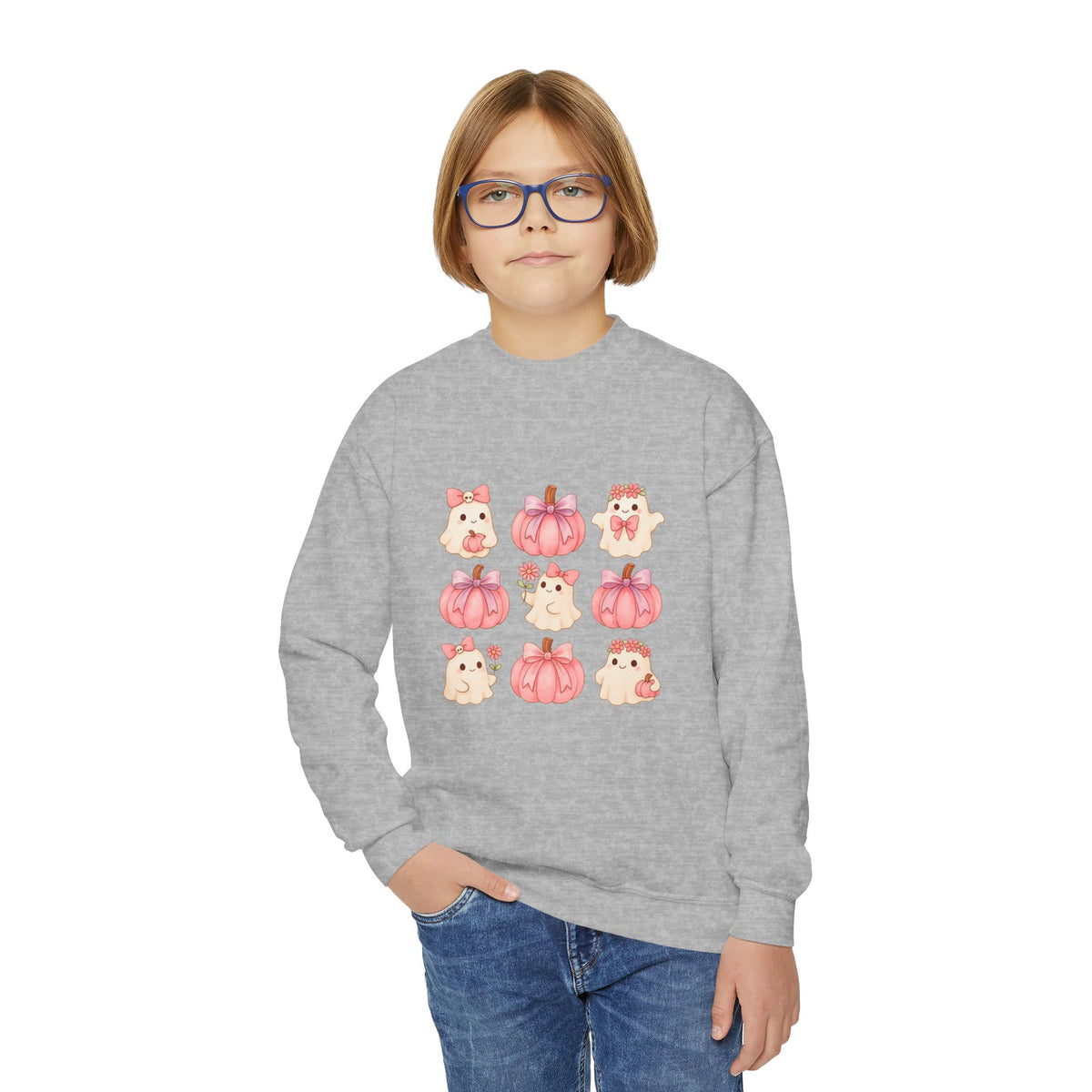 Kids' Cute Pink Pumpkins & Ghost Crewneck Sweatshirt — Fall Halloween Cozy Pullover