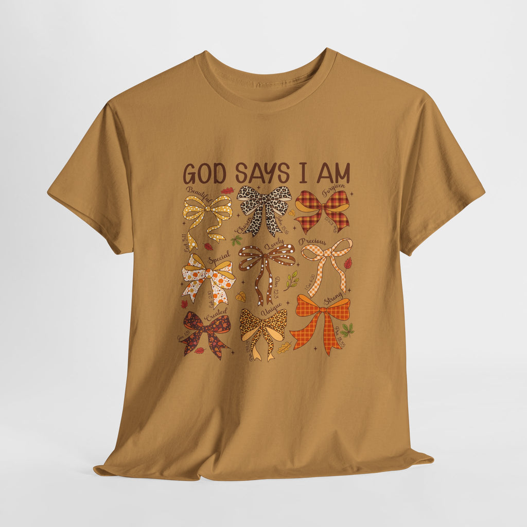 God Says I Am Bow Pattern T-Shirt — Faith-Inspired Fall Graphic Tee