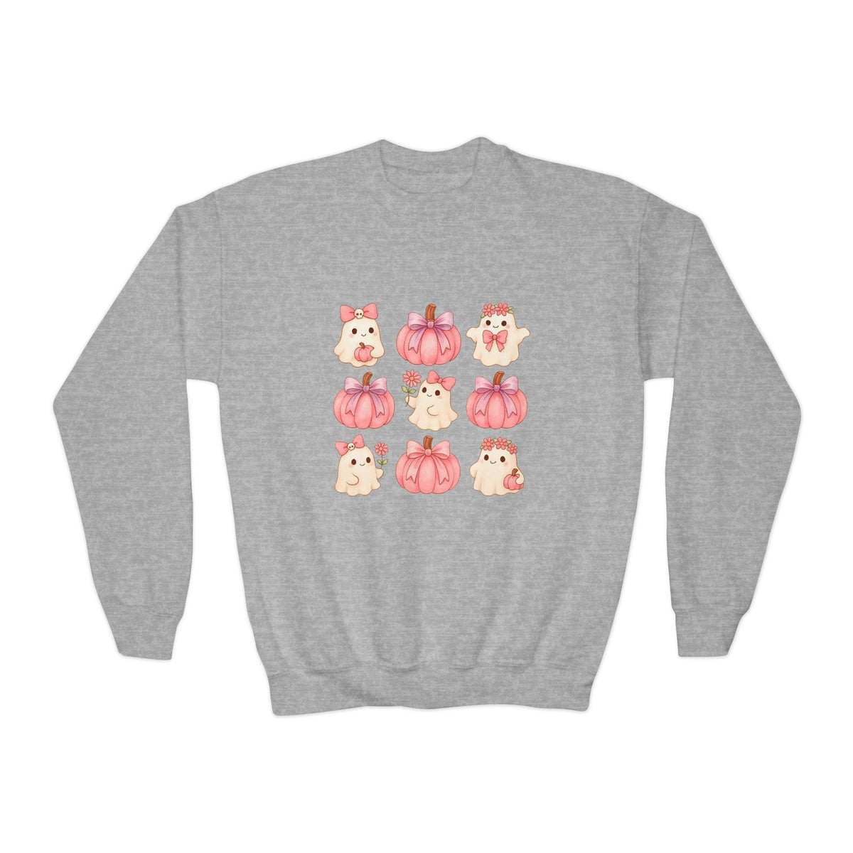 Kids' Cute Pink Pumpkins & Ghost Crewneck Sweatshirt — Fall Halloween Cozy Pullover