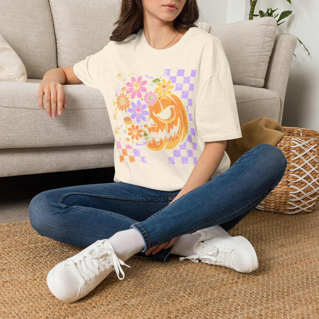 Pumpkin Smile Floral T-Shirt — Pastel Halloween Checkerboard Tee