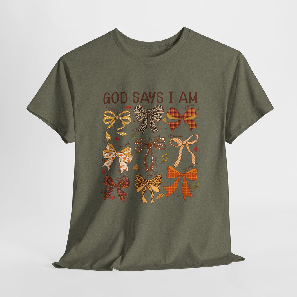 God Says I Am Bow Pattern T-Shirt — Faith-Inspired Fall Graphic Tee