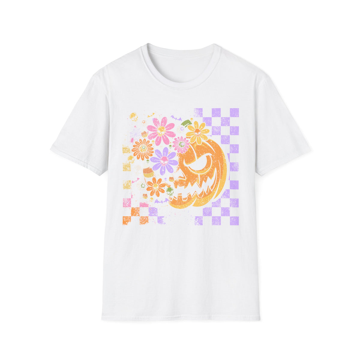 Pumpkin Smile Floral T-Shirt — Pastel Halloween Checkerboard Tee