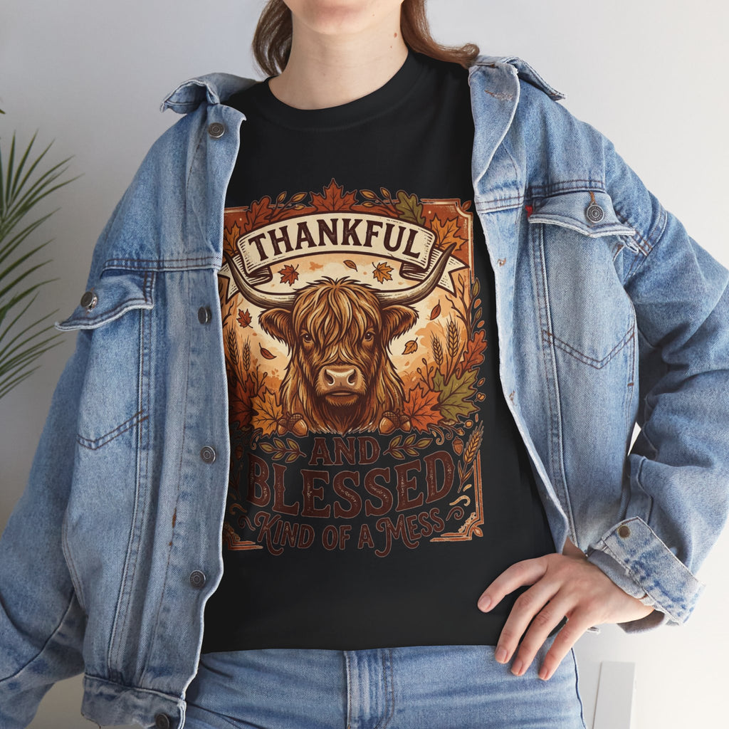 Thankful and Blessed Tee — Rustic Autumn Cow Graphic Shirt