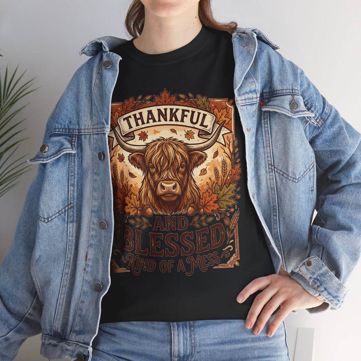 Thankful and Blessed Tee — Rustic Autumn Cow Graphic Shirt