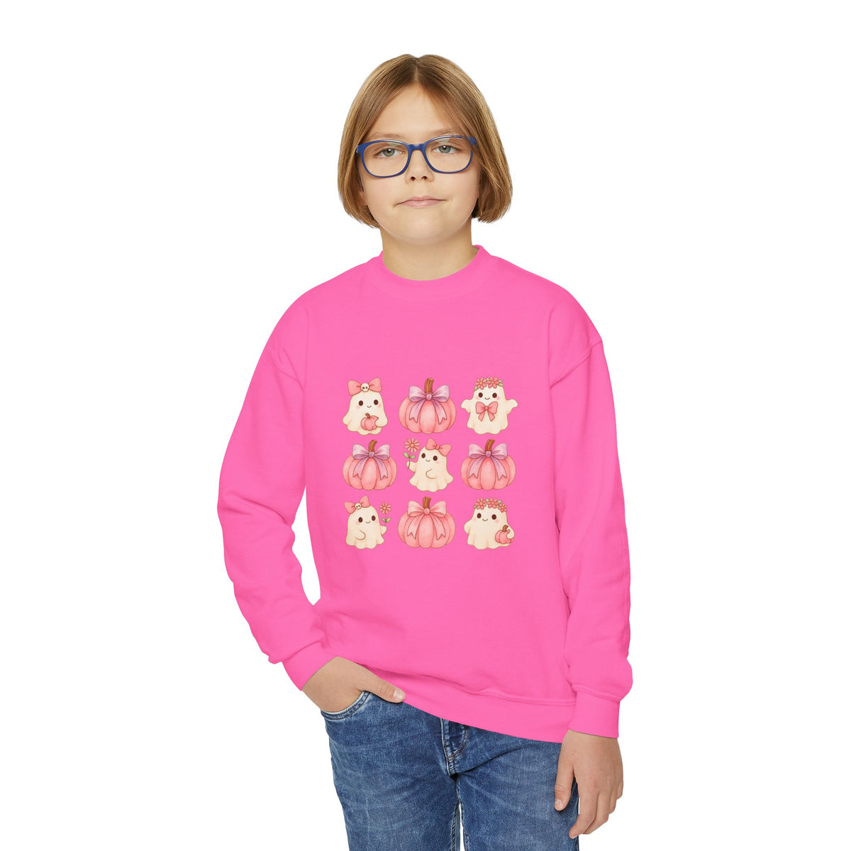 Kids' Cute Pink Pumpkins & Ghost Crewneck Sweatshirt — Fall Halloween Cozy Pullover