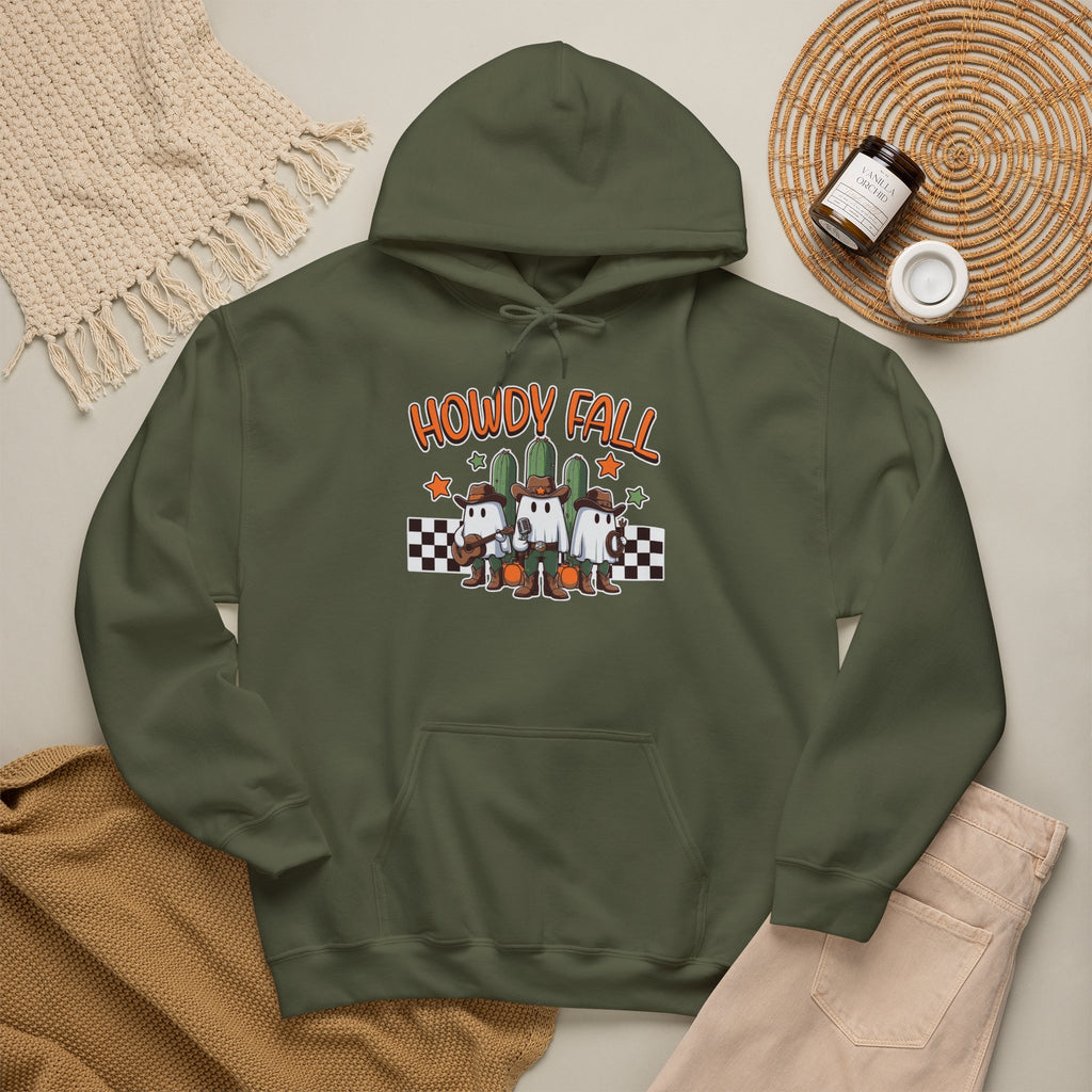 Howdy Fall Hoodie — Cute Pumpkin Ghosts & Checkerboard Autumn Pullover
