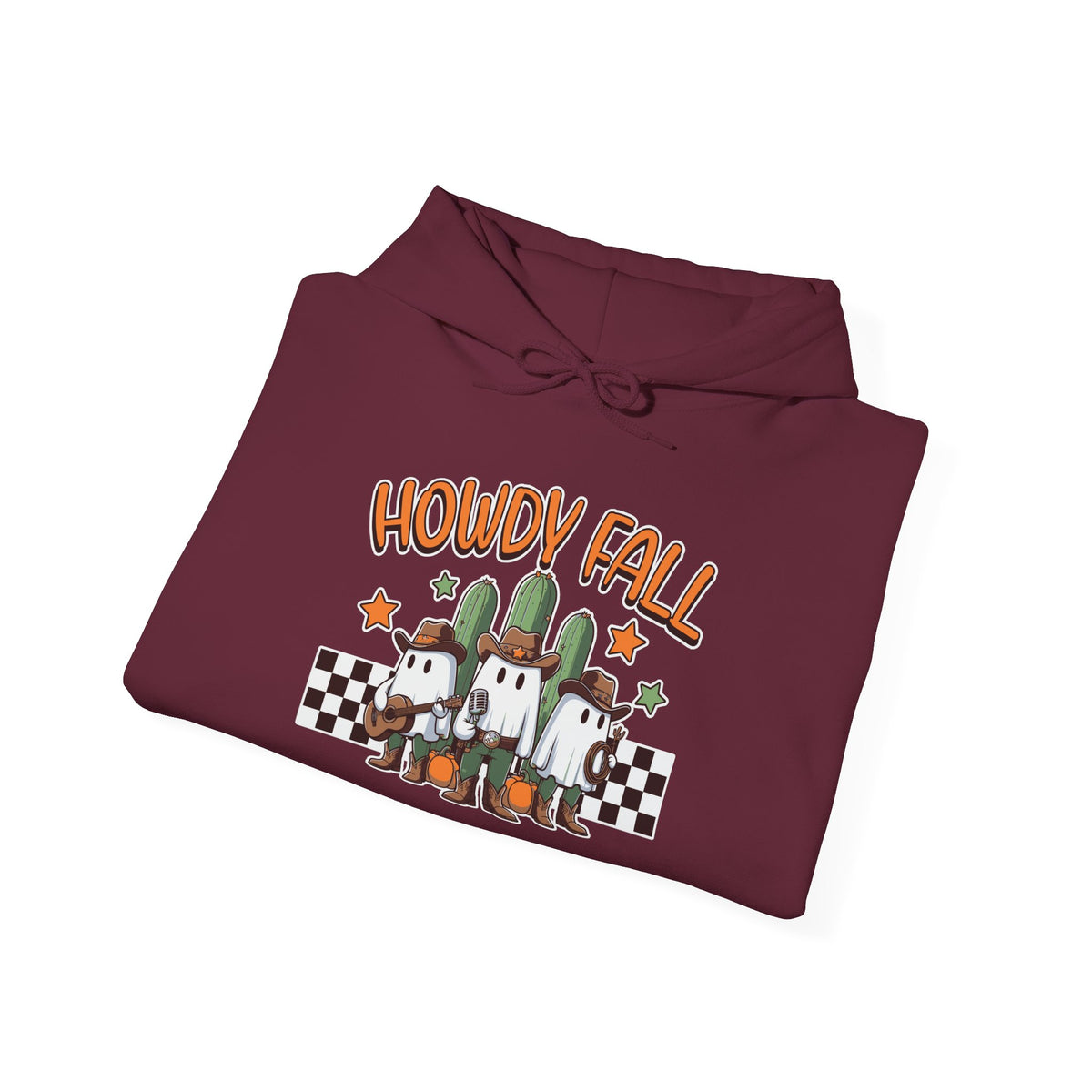 Howdy Fall Hoodie — Cute Pumpkin Ghosts & Checkerboard Autumn Pullover