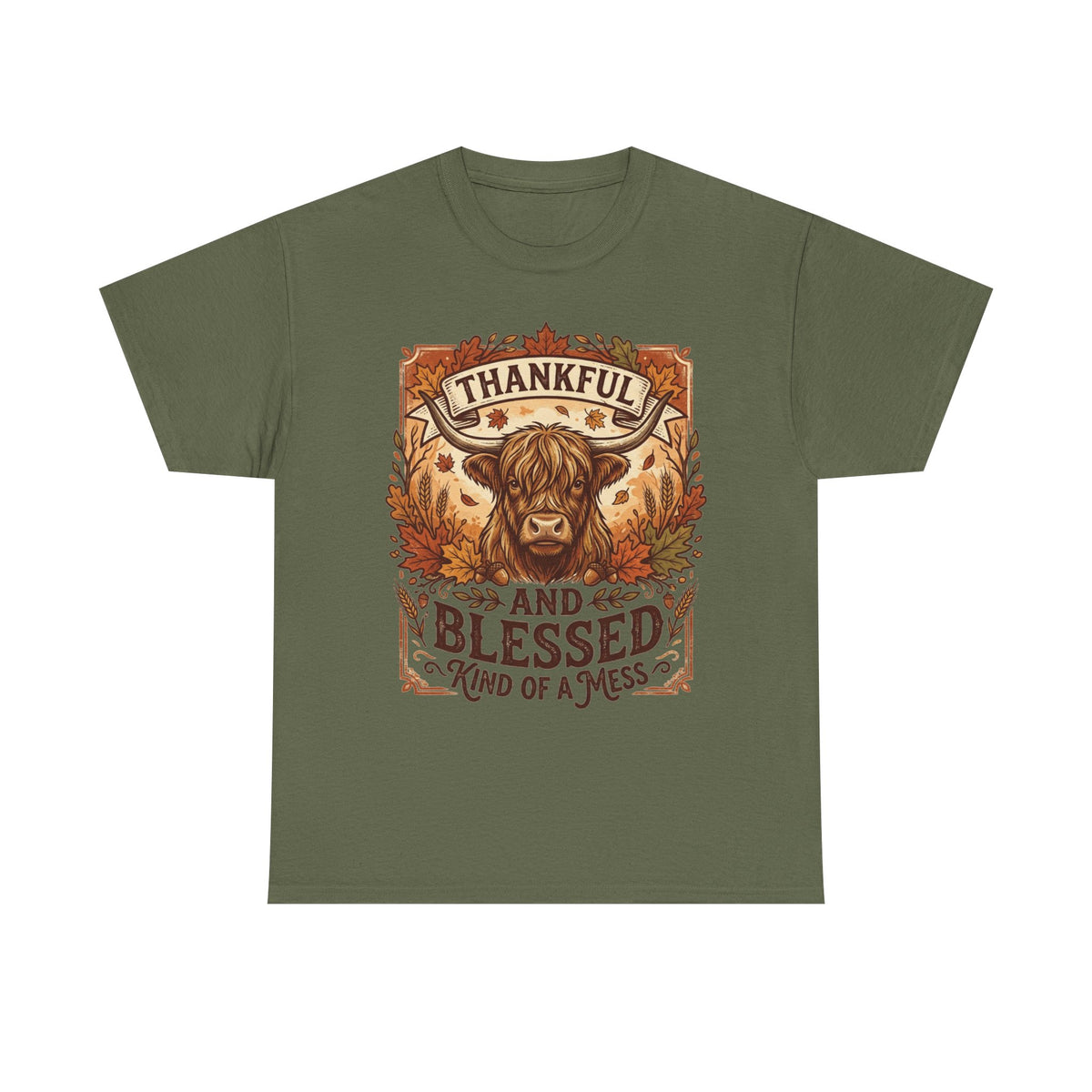 Thankful and Blessed Tee — Rustic Autumn Cow Graphic Shirt