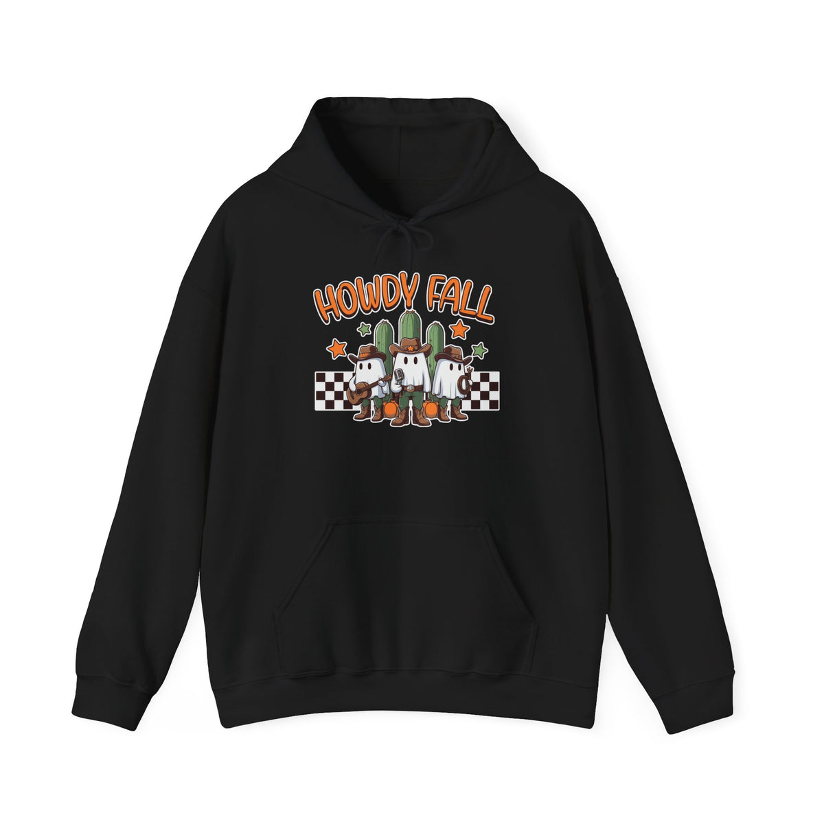 Howdy Fall Hoodie — Cute Pumpkin Ghosts & Checkerboard Autumn Pullover