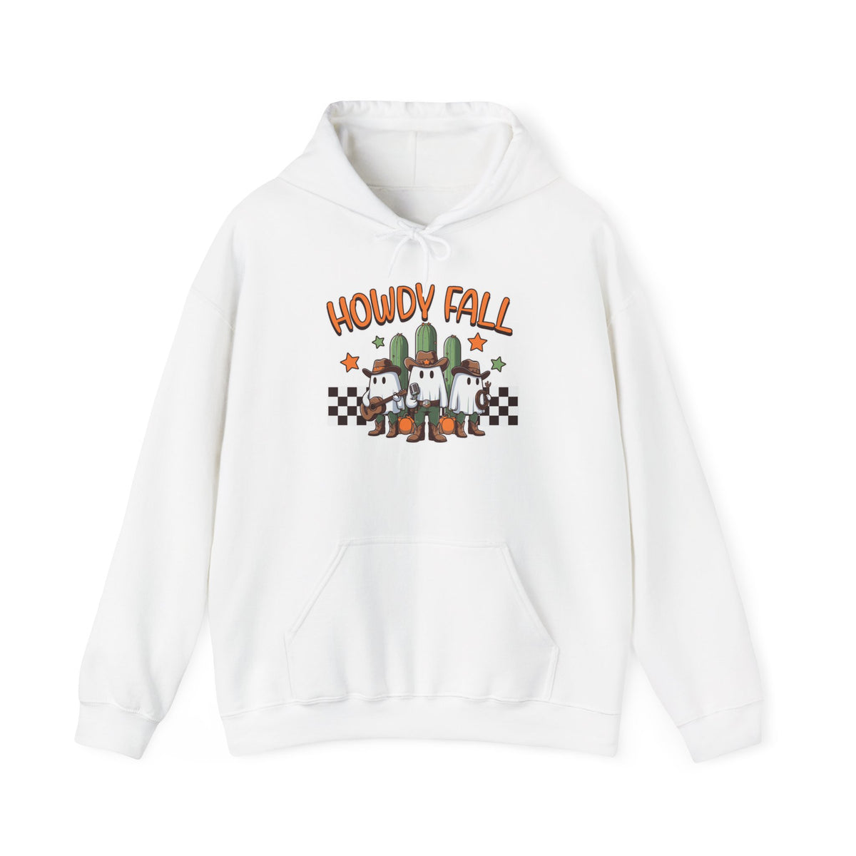 Howdy Fall Hoodie — Cute Pumpkin Ghosts & Checkerboard Autumn Pullover