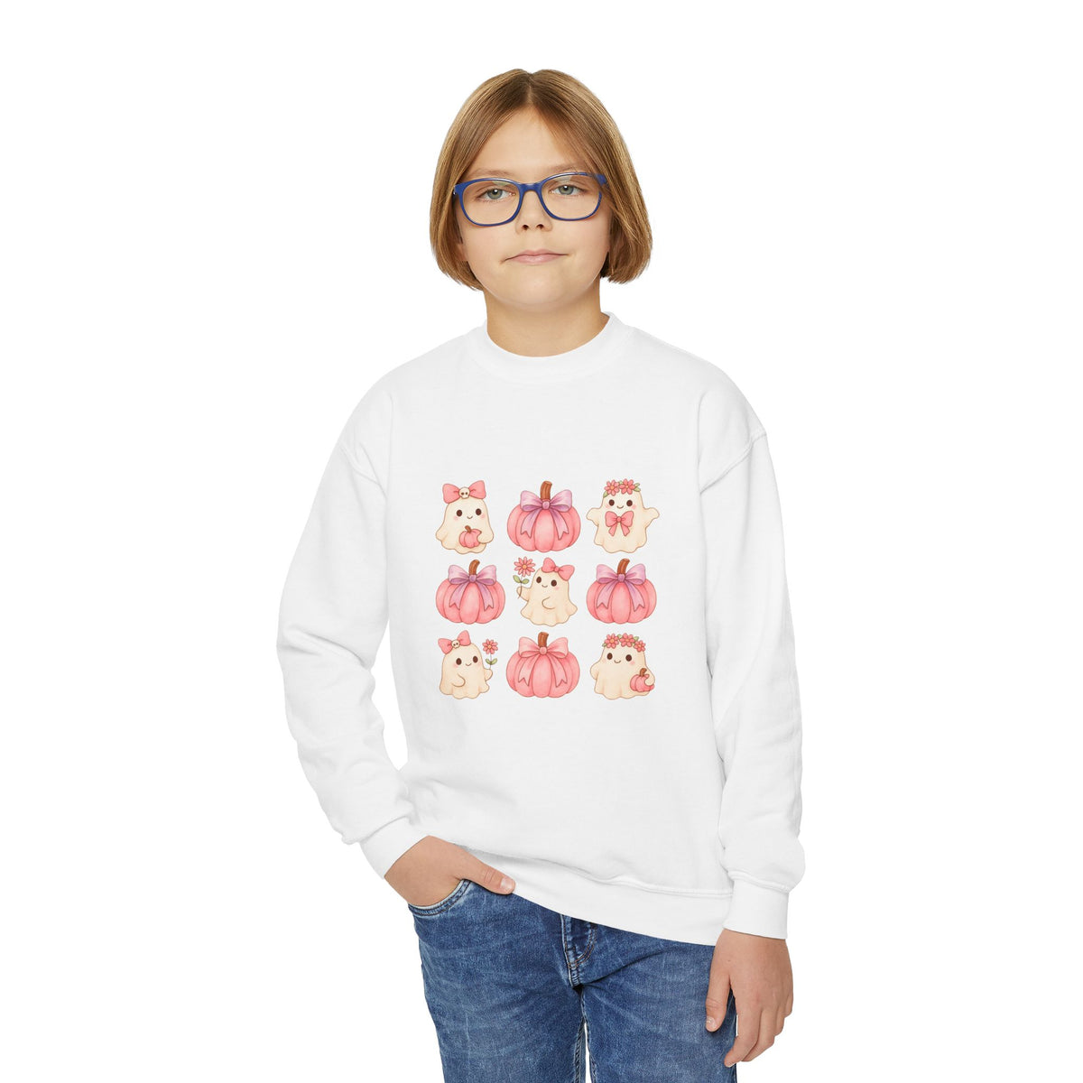 Kids' Cute Pink Pumpkins & Ghost Crewneck Sweatshirt — Fall Halloween Cozy Pullover