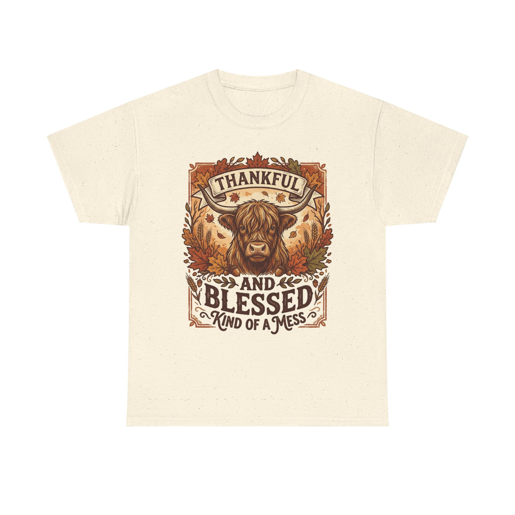 Thankful and Blessed Tee — Rustic Autumn Cow Graphic Shirt