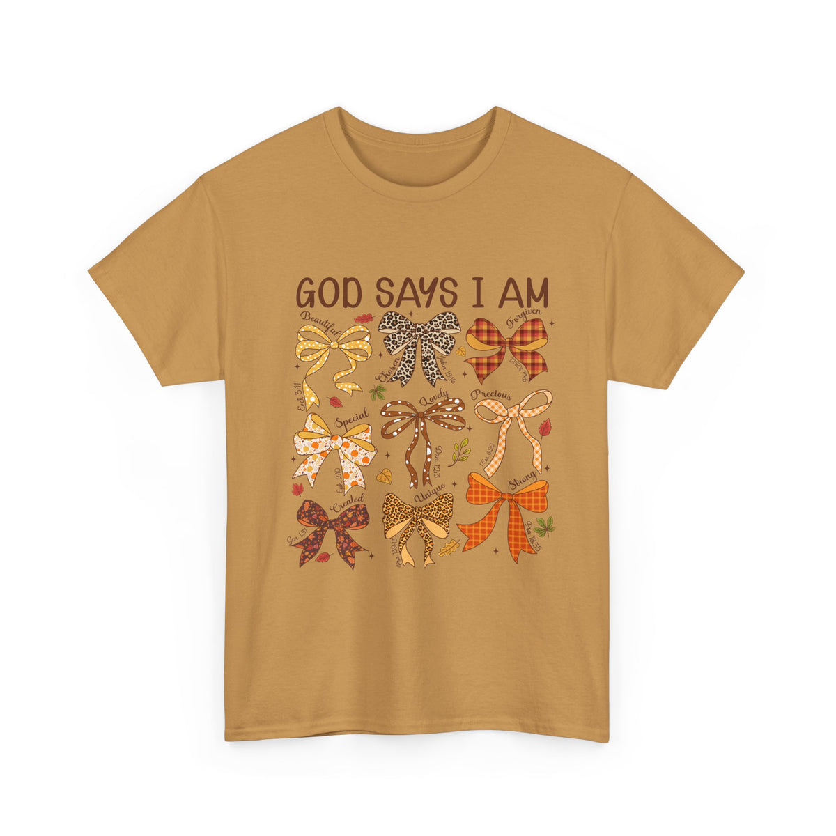 God Says I Am Bow Pattern T-Shirt — Faith-Inspired Fall Graphic Tee