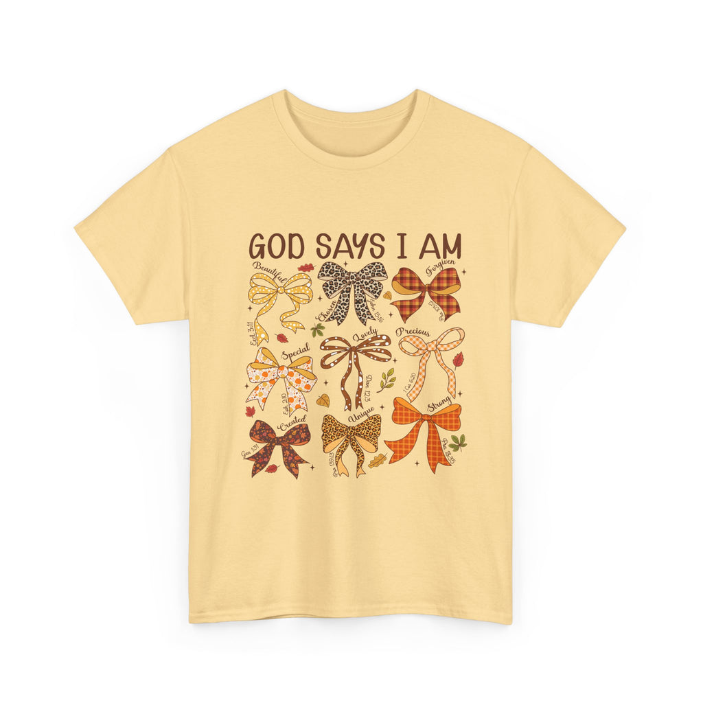 God Says I Am Bow Pattern T-Shirt — Faith-Inspired Fall Graphic Tee
