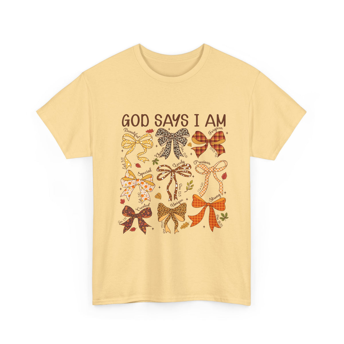 God Says I Am Bow Pattern T-Shirt — Faith-Inspired Fall Graphic Tee