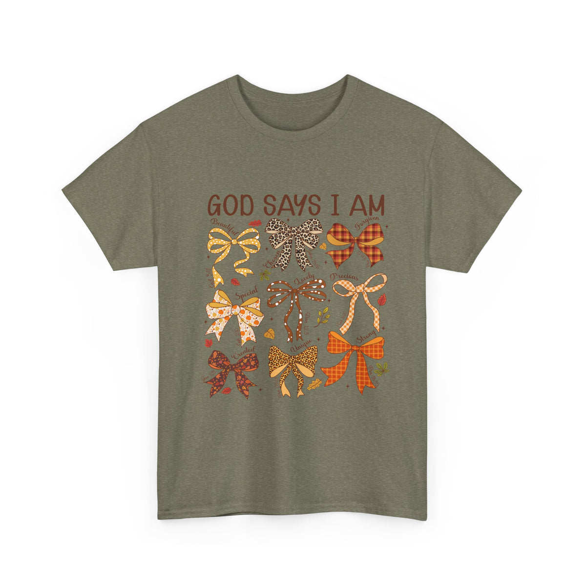God Says I Am Bow Pattern T-Shirt — Faith-Inspired Fall Graphic Tee