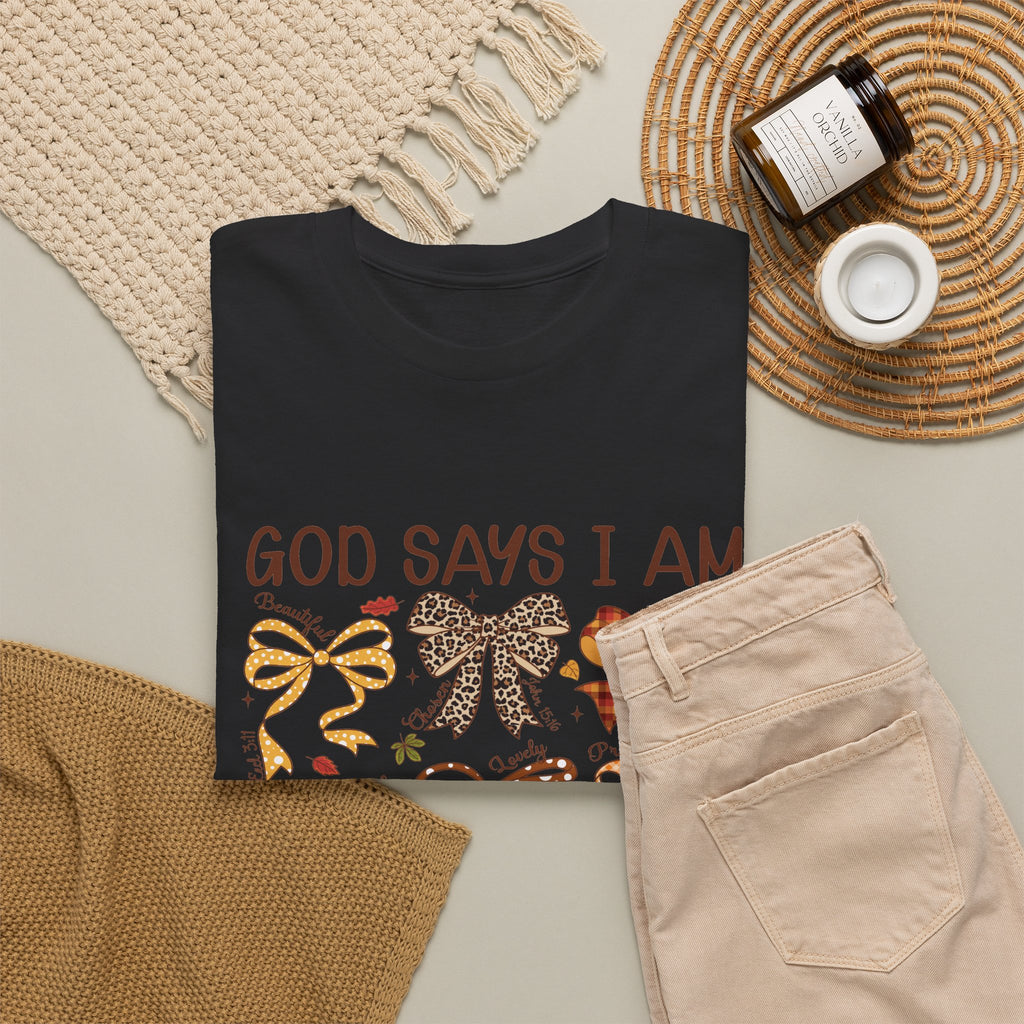 God Says I Am Bow Pattern T-Shirt — Faith-Inspired Fall Graphic Tee