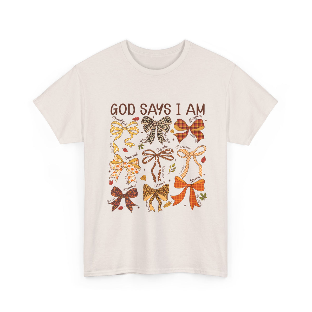 God Says I Am Bow Pattern T-Shirt — Faith-Inspired Fall Graphic Tee