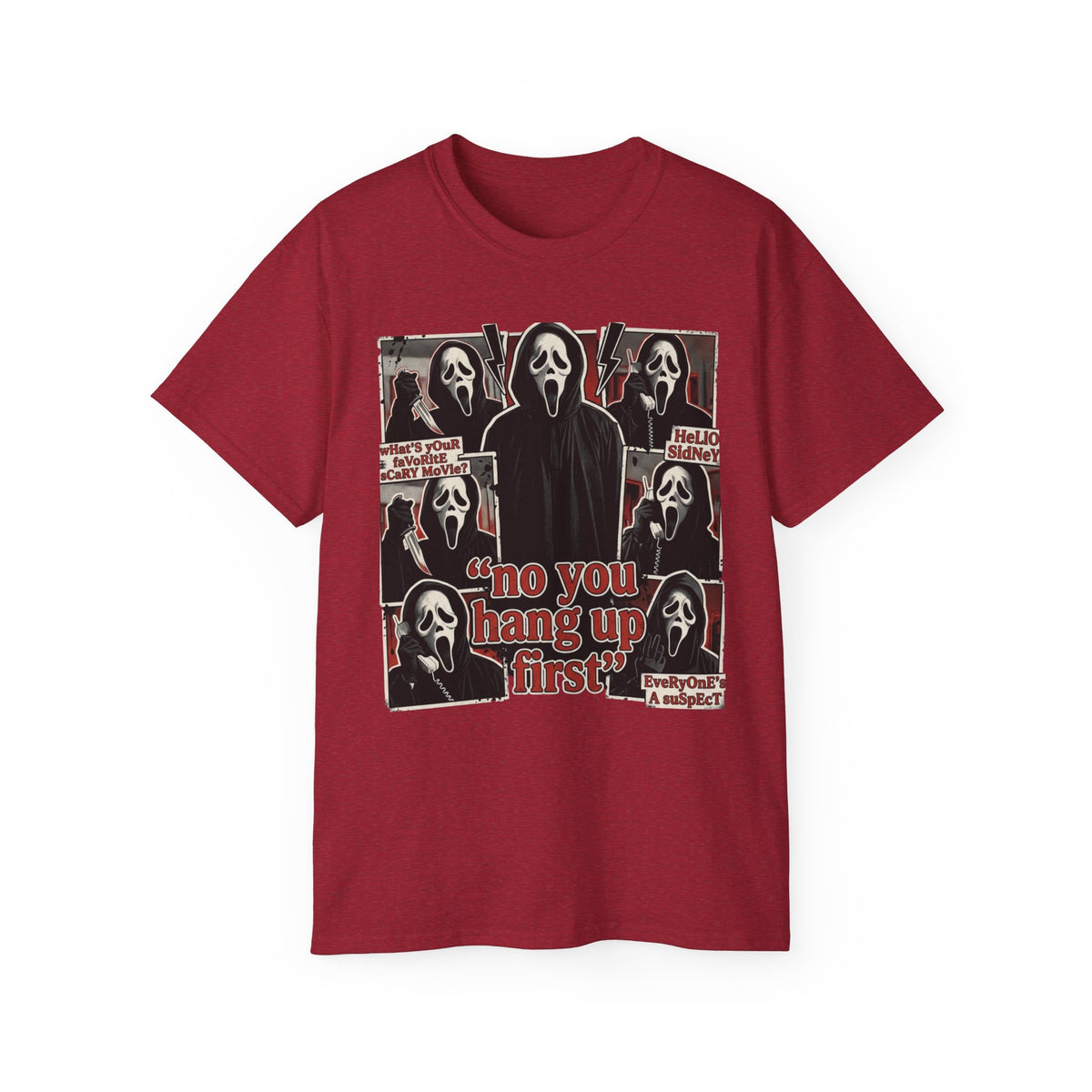Scream Movie Graphic Tee — “no you hang up first” Horror Fan T-Shirt