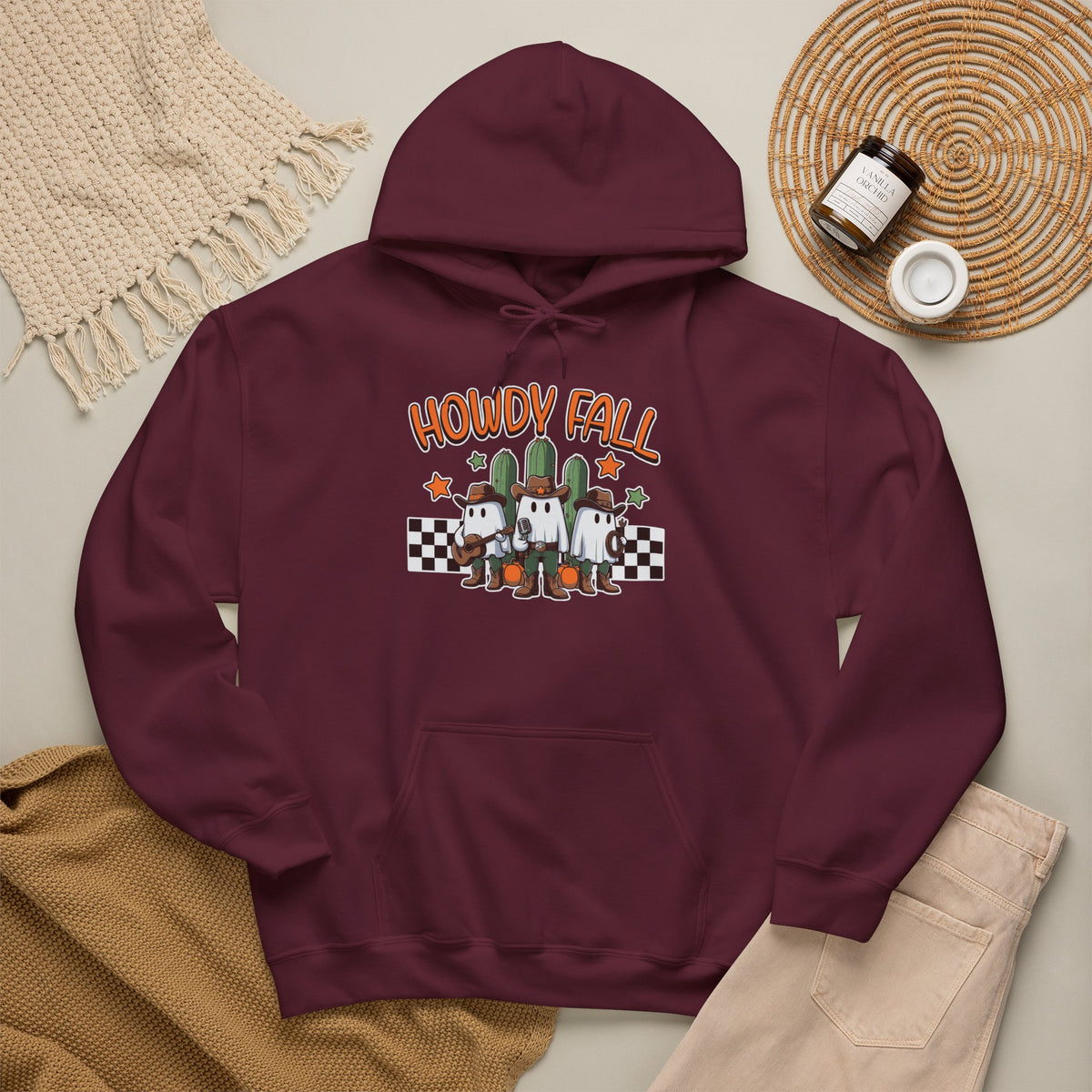Howdy Fall Hoodie — Cute Pumpkin Ghosts & Checkerboard Autumn Pullover