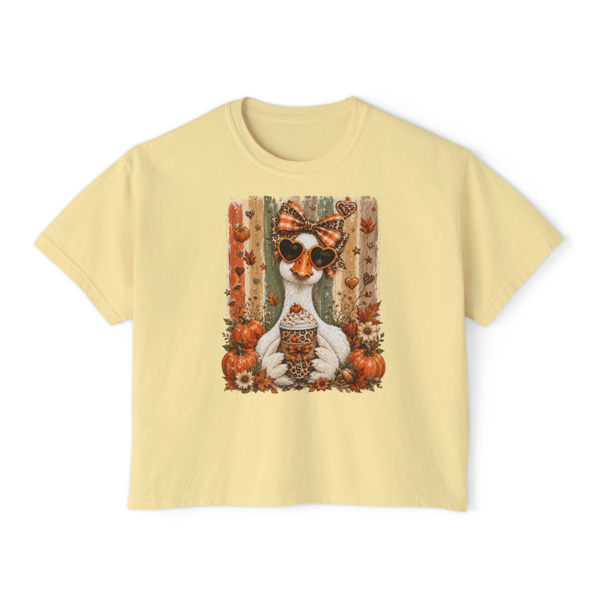 Fall Goose Boxy Tee — Cute Pumpkin Latte Graphic Women's Shirt