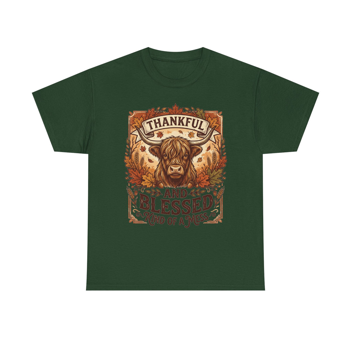 Thankful and Blessed Tee — Rustic Autumn Cow Graphic Shirt