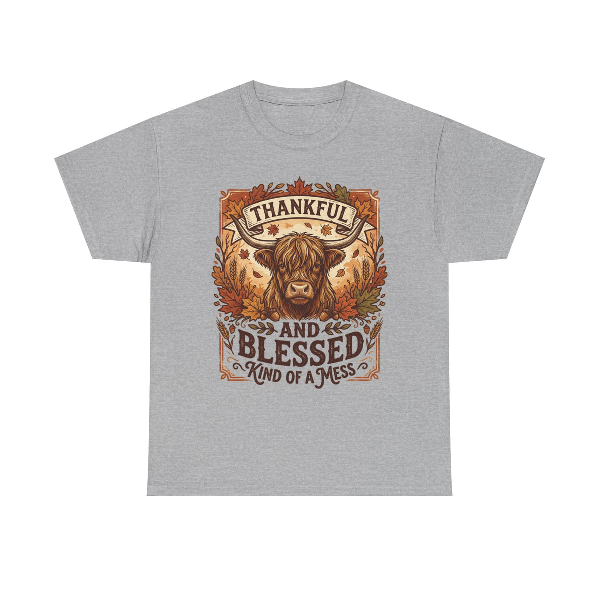 Thankful and Blessed Tee — Rustic Autumn Cow Graphic Shirt