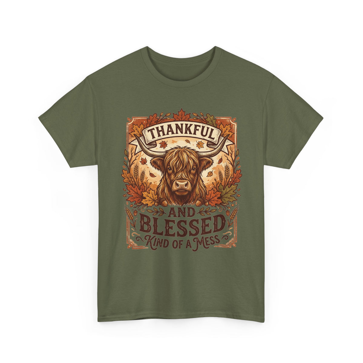 Thankful and Blessed Tee — Rustic Autumn Cow Graphic Shirt